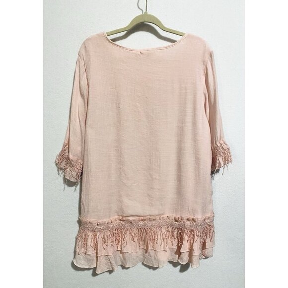 Indigo Soul Top Womens XL Pink Gauzy Ruffle Lace Fringe Cottagecore Romantic - Picture 4 of 7